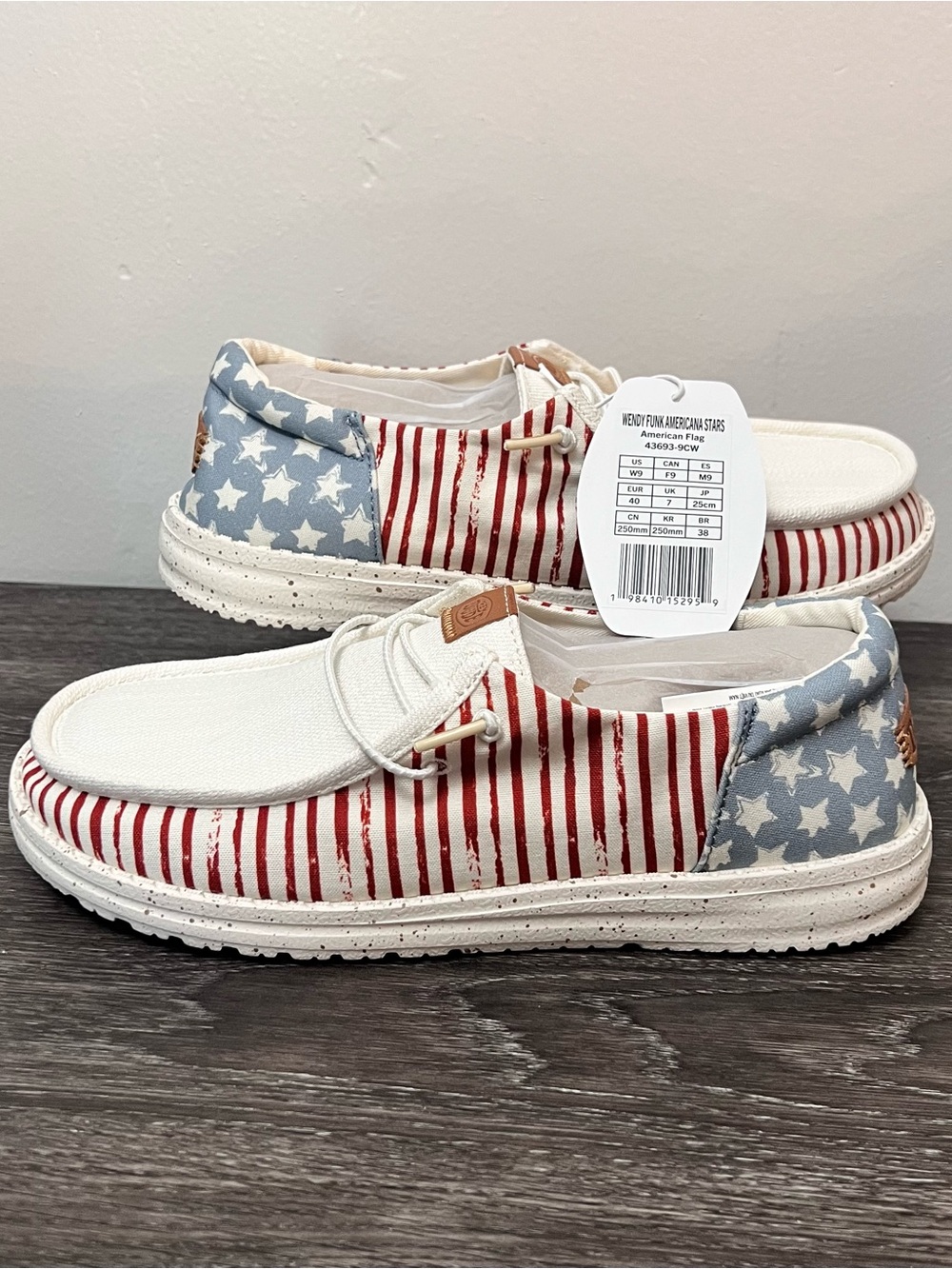 NWT Hey Dude Women's Slip-On Loafers - White, Red & Blue Star Stripe